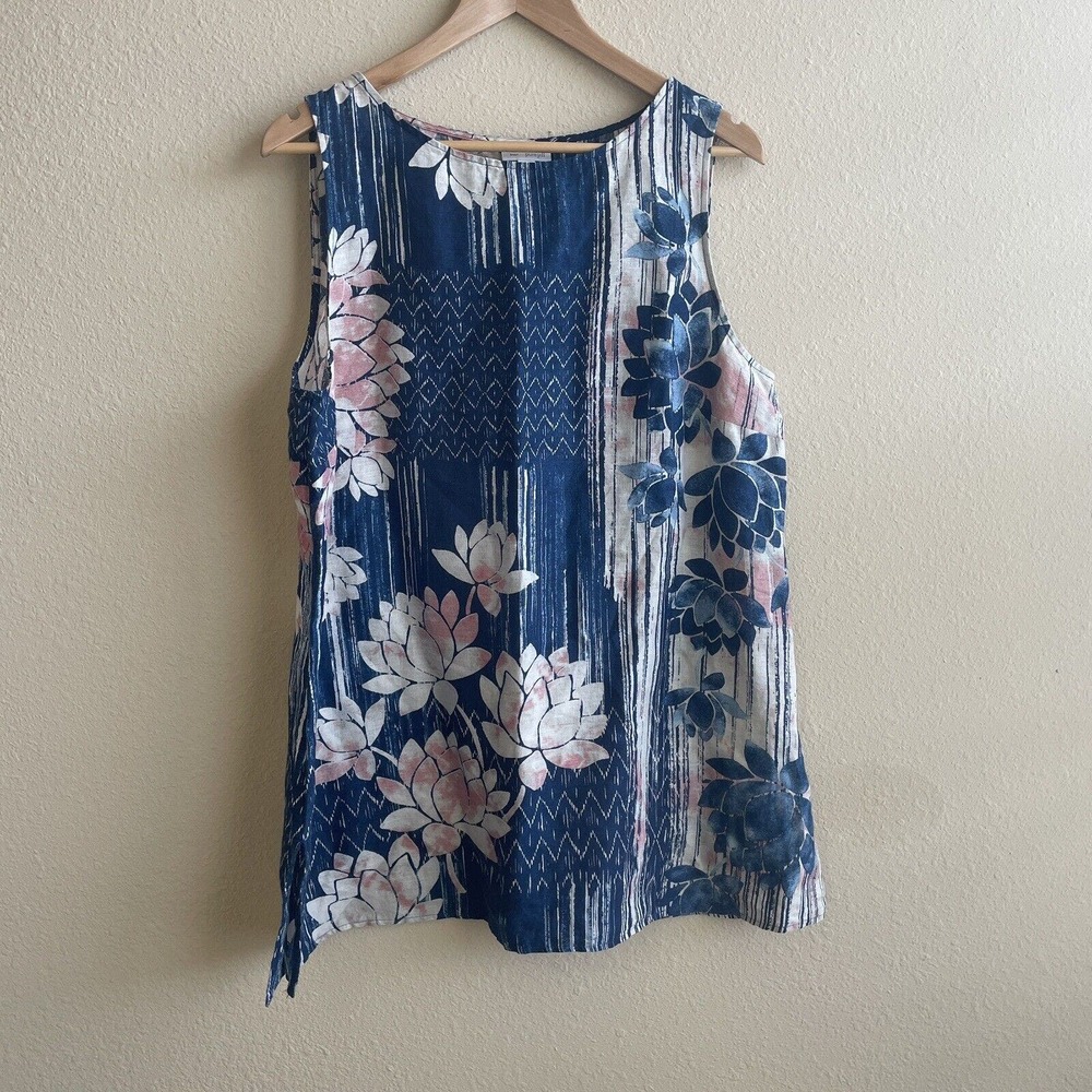 Pure Jill Blouse Womens Large Blue Floral Print Linen Sleeveless Tunic